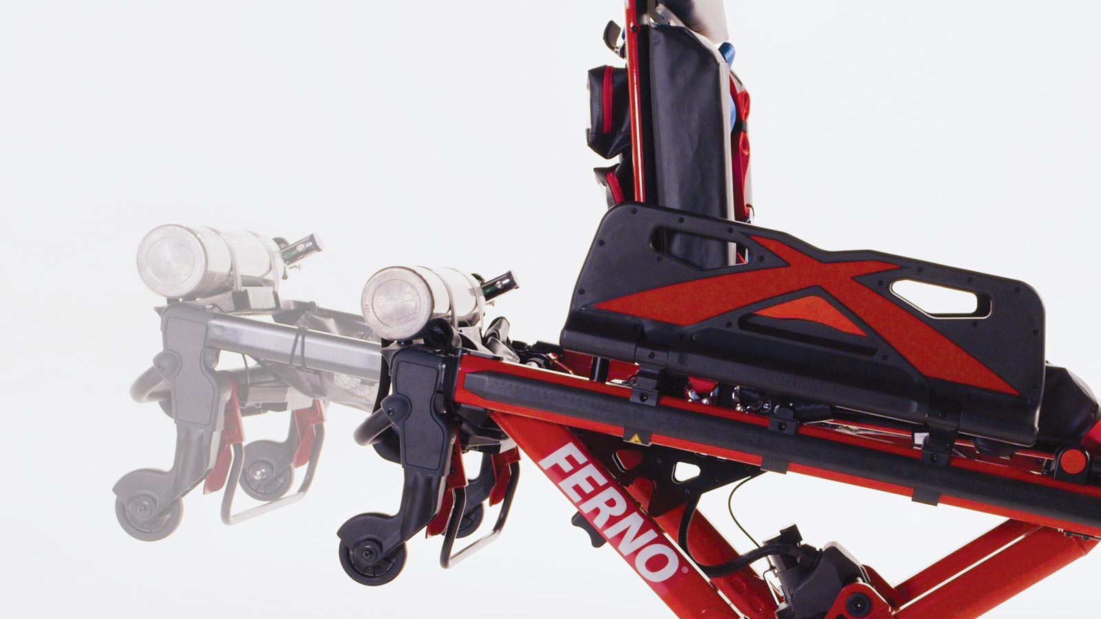 Close-up of the Ferno Power X2 telescoping load frame extended and pushed in