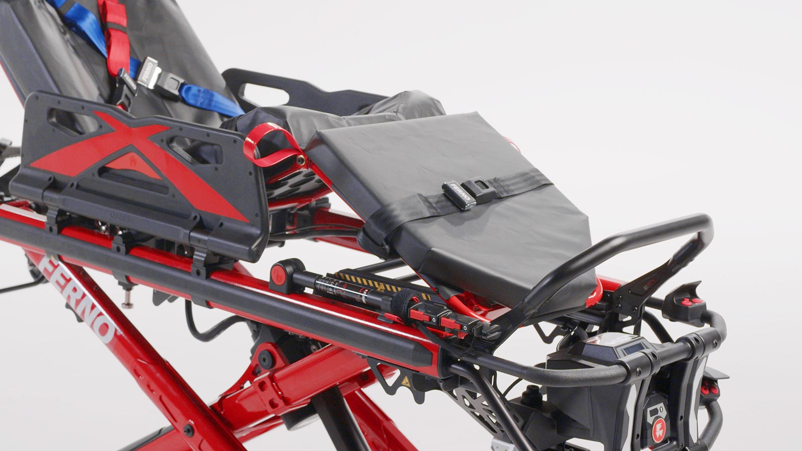 Close-up of the Ferno Power X2 knee gatch raised